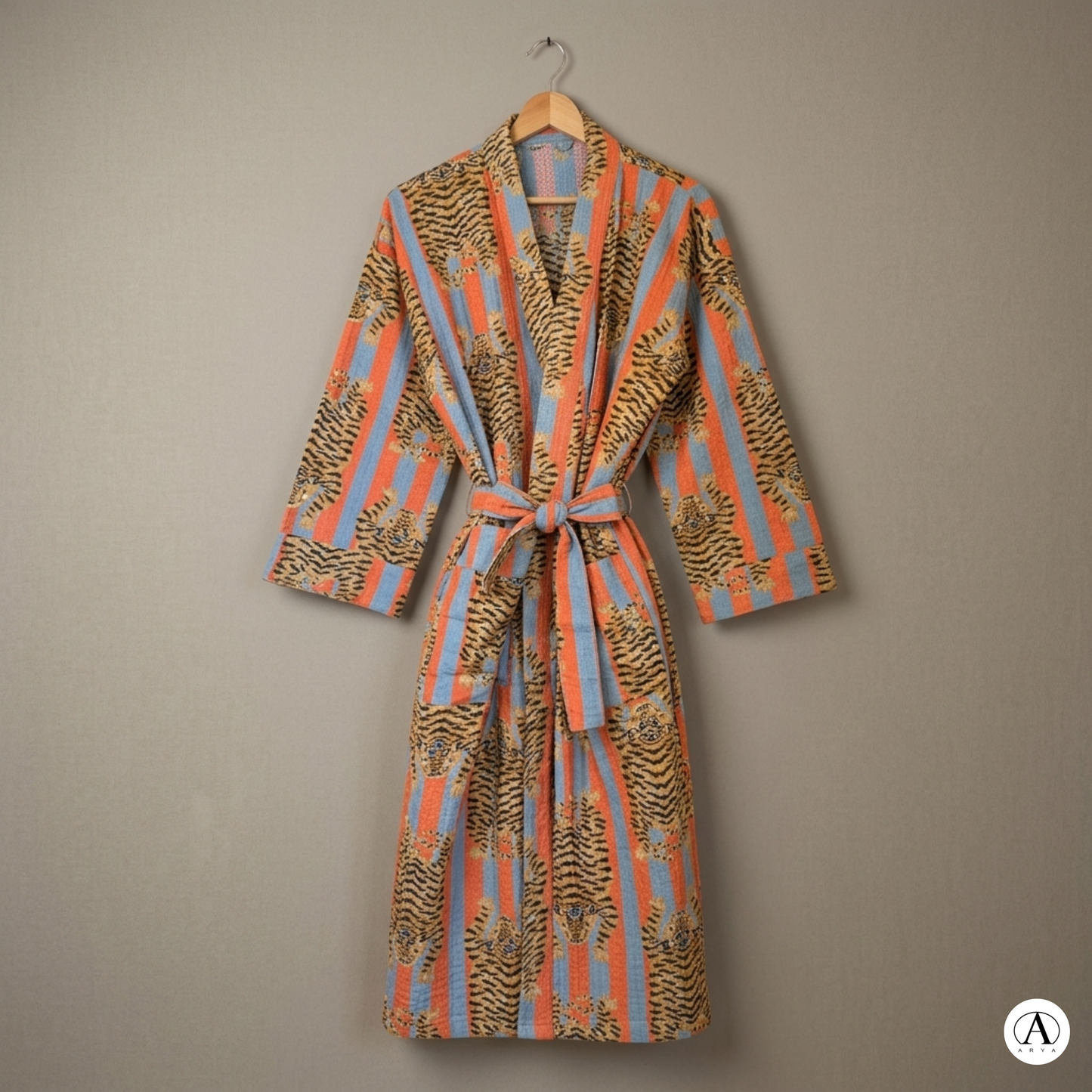 Bold Orange & Blue Stripe Tiger Waffle Bathrobe – Luxury Spa Robe