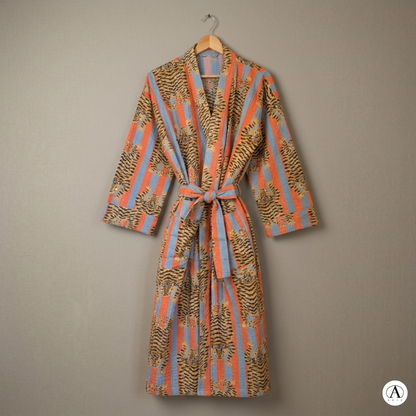 Bold Orange & Blue Stripe Tiger Waffle Bathrobe – Luxury Spa Robe