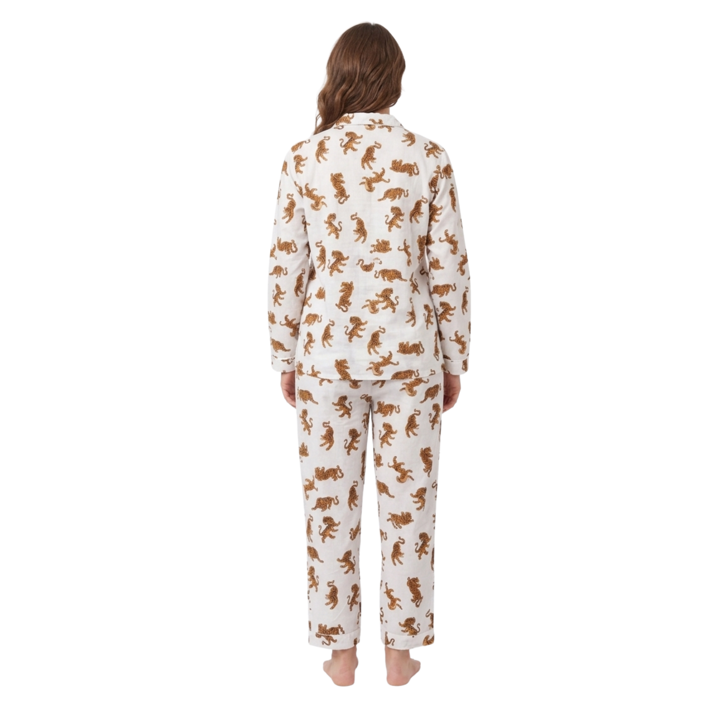 Women's White Tiger Dreams Cotton Night Suit Set – Elegant Two Piece Pajama Set