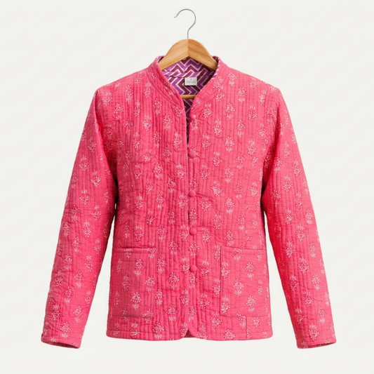 Pink Petal Vibes – Long Floral Cotton Quilted Reversible Jacket