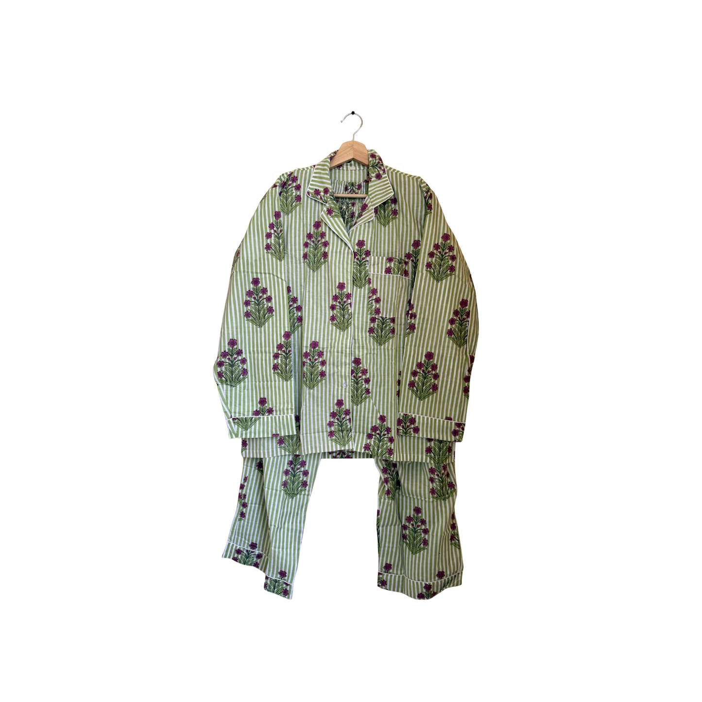 Women’s Green Floral Print Cotton Night Suit Set – Elegant Two Piece Pajama Set