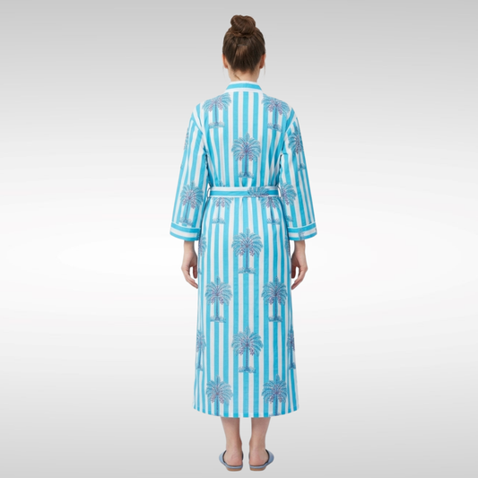 Midnight Blue Breeze Palms – Women’s Blue & White Cotton Kimono