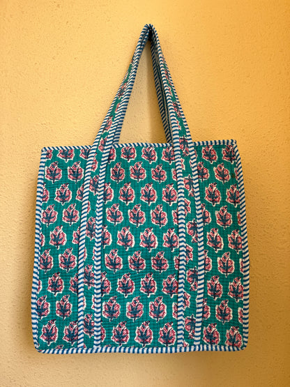 Mint Blue Floral-1 Quilted Mini Tote Bag 14X14