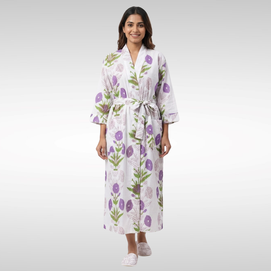 Purple petal whispers women's cotton kimono. Soft lavender 
and purple floral block print lightweight cotton robe.