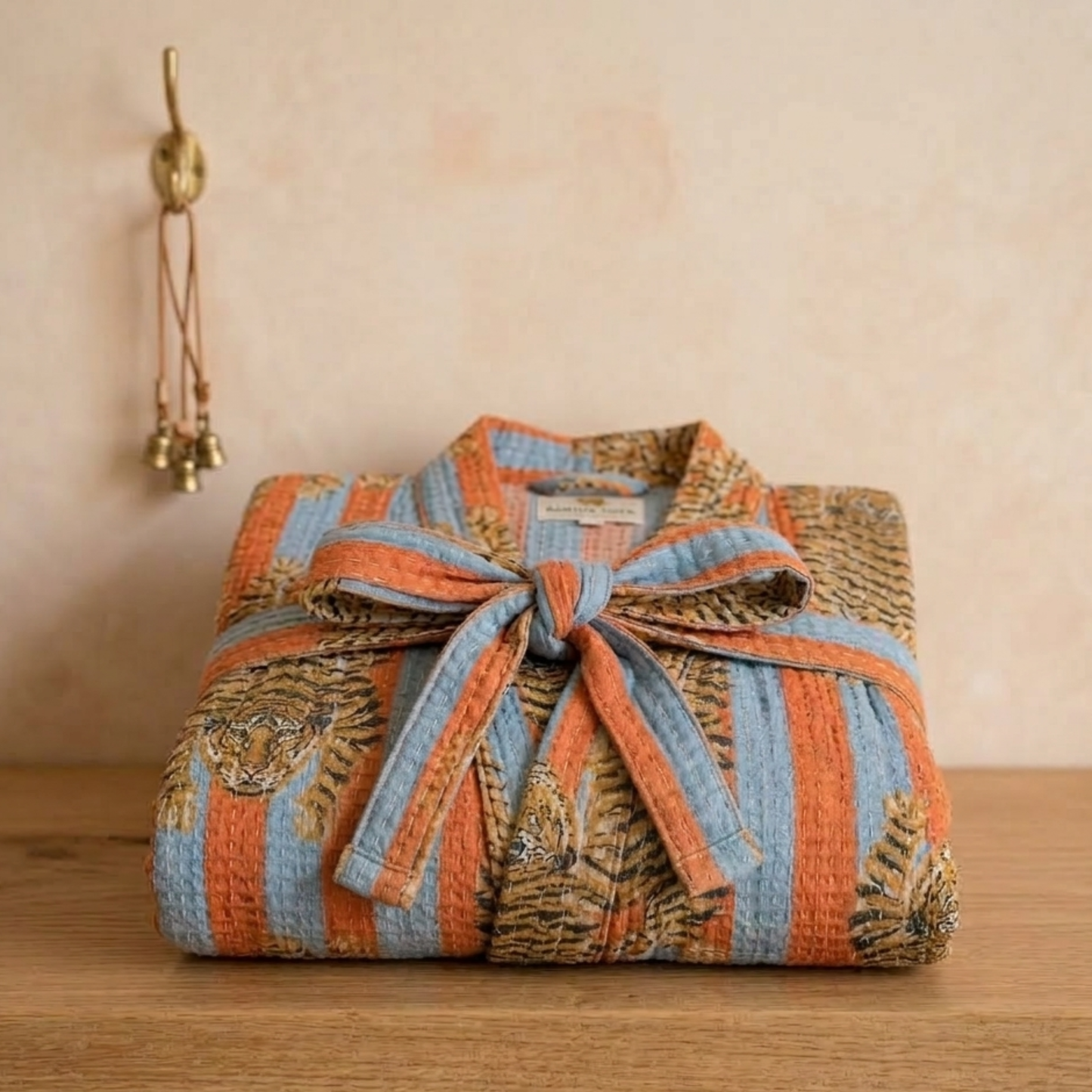 Bold Orange & Blue Stripe Tiger Waffle Bathrobe – Luxury Spa Robe