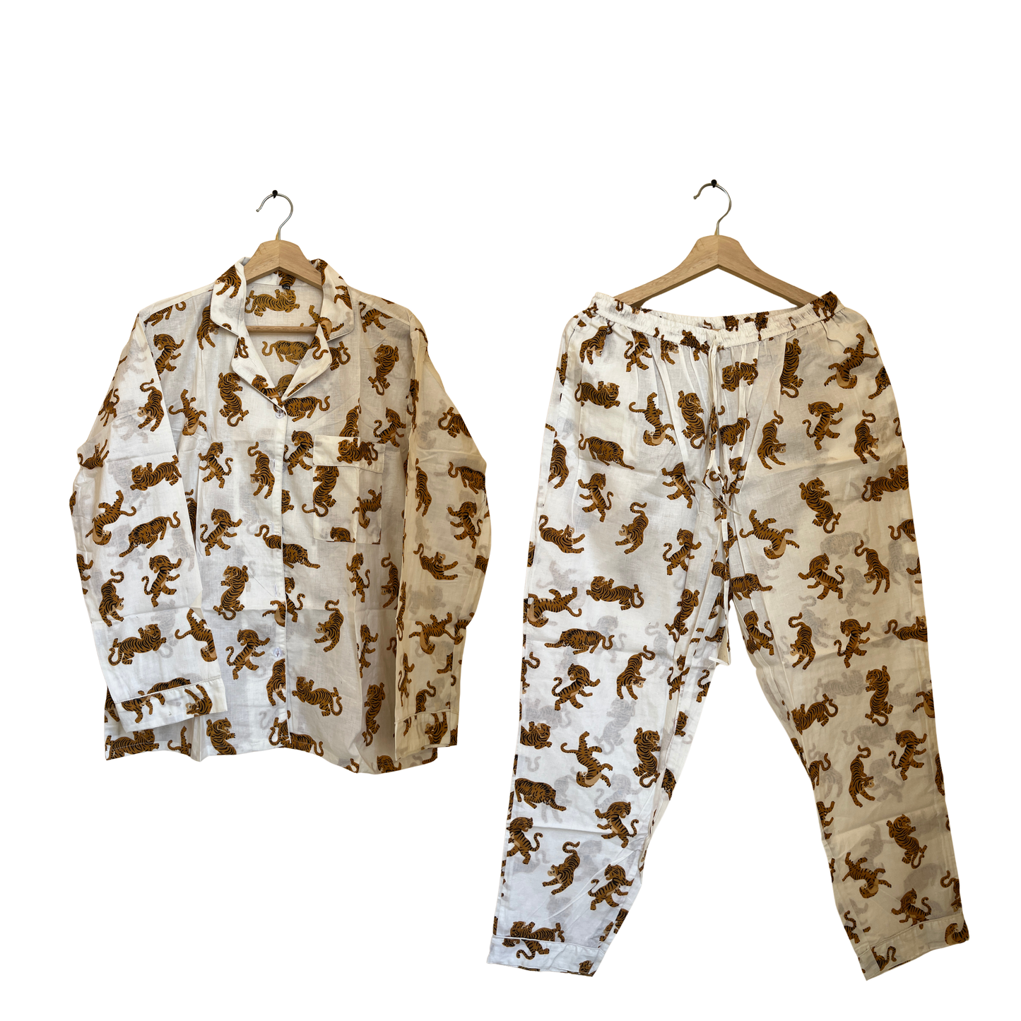 Women's White Tiger Dreams Cotton Night Suit Set – Elegant Two Piece Pajama Set