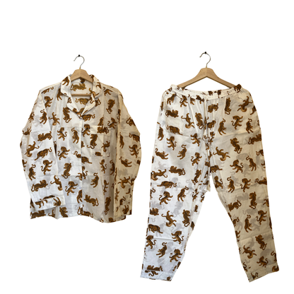 Women's White Tiger Dreams Cotton Night Suit Set – Elegant Two Piece Pajama Set