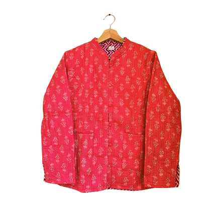 Pink Petal Vibes – Long Floral Cotton Quilted Reversible Jacket