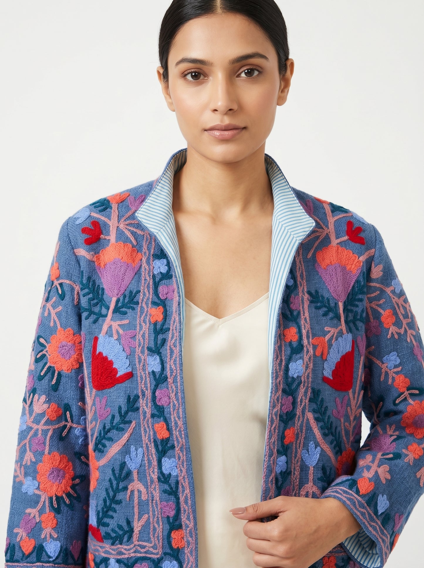 Women's Light Blue Suzani Reversible Jacket – Artistic Embroidered Statement Jacket