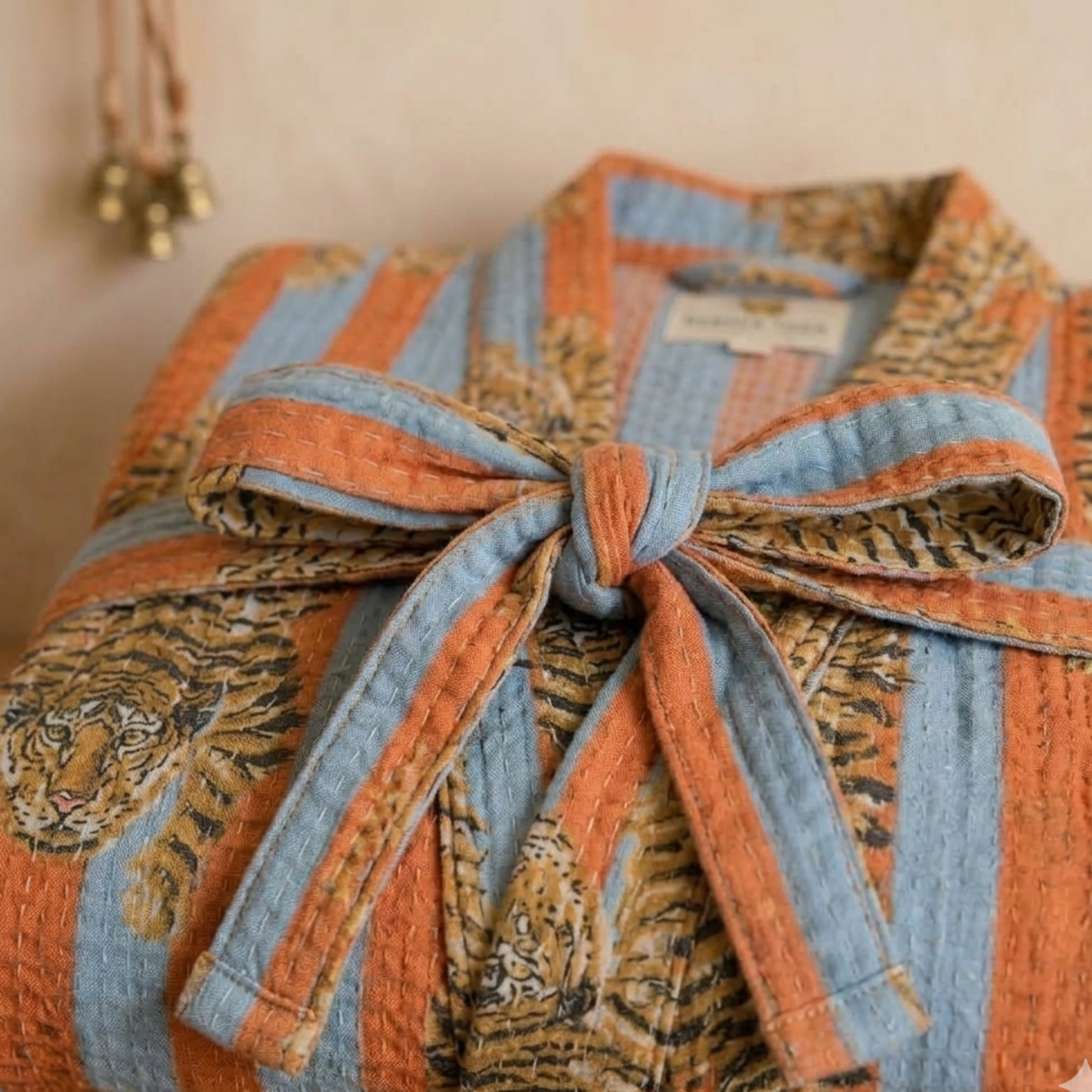 Bold Orange & Blue Stripe Tiger Waffle Bathrobe – Luxury Spa Robe
