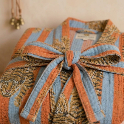 Bold Orange & Blue Stripe Tiger Waffle Bathrobe – Luxury Spa Robe