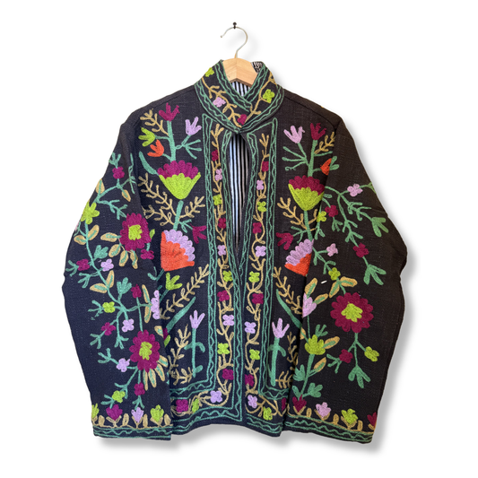 Women’s Midnight Petal Black Suzani Reversible Cotton Jacket – Artistic Embroidered Statement Jacket