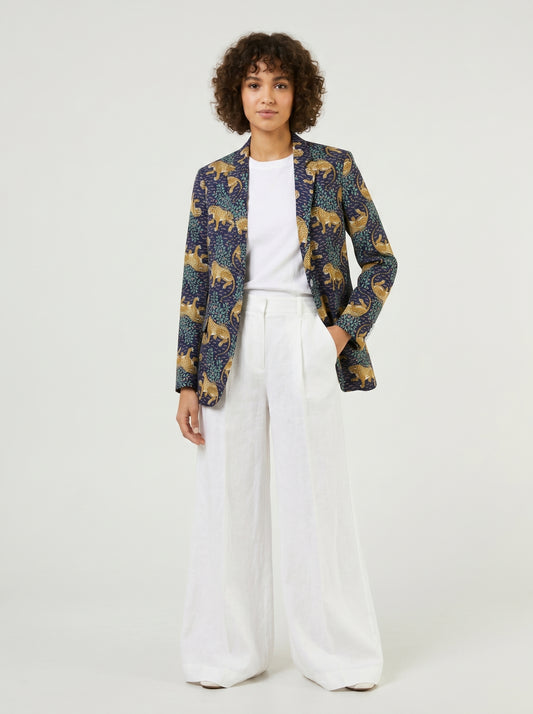 Women’s Navy Blue Leopard Blazer – Bold Statement Tailored Jacket