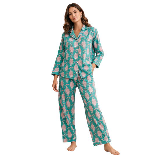 Women's Teal Tiger Tales Cotton Night Suit Set – Elegant Two Piece Pajama Set