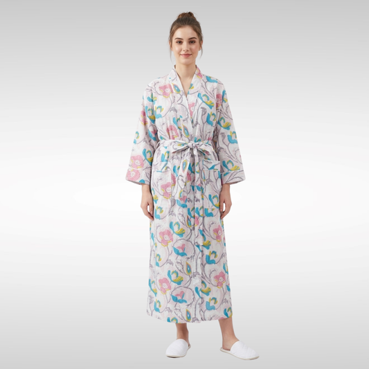 White lemon sky blossoms women's cotton kimono. Fresh white, yellow,
 and blue floral print lightweight cotton dressing gown.