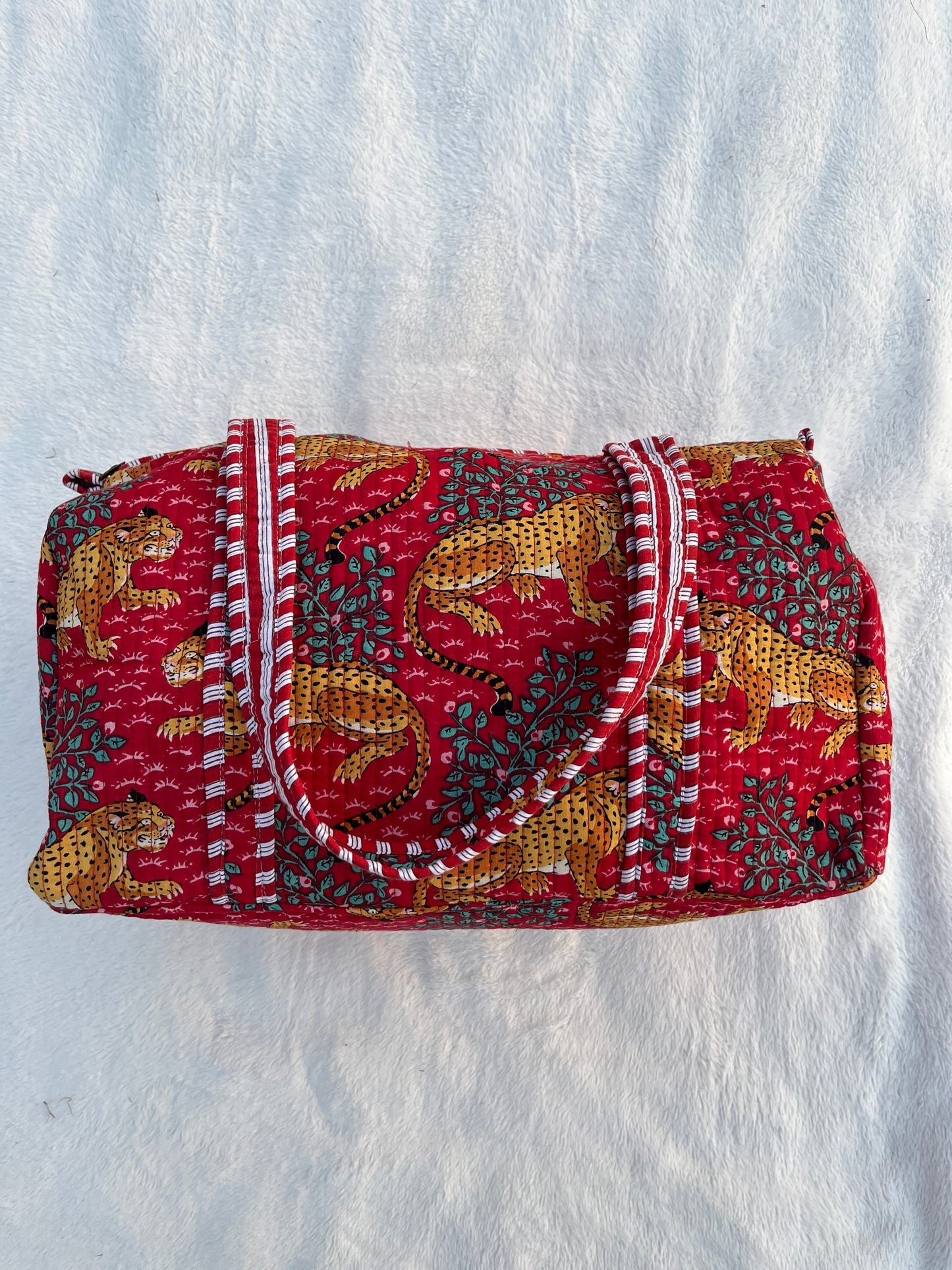Red leopard Print Quilted Cotton Duffle Bag – Lightweight Travel Weekender