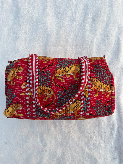 Red leopard Print Quilted Cotton Duffle Bag – Lightweight Travel Weekender