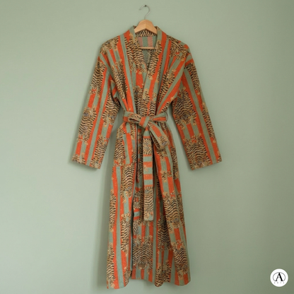 Bold Orange & Green Stripe Tiger Waffle Bathrobe – Luxury Spa Robe