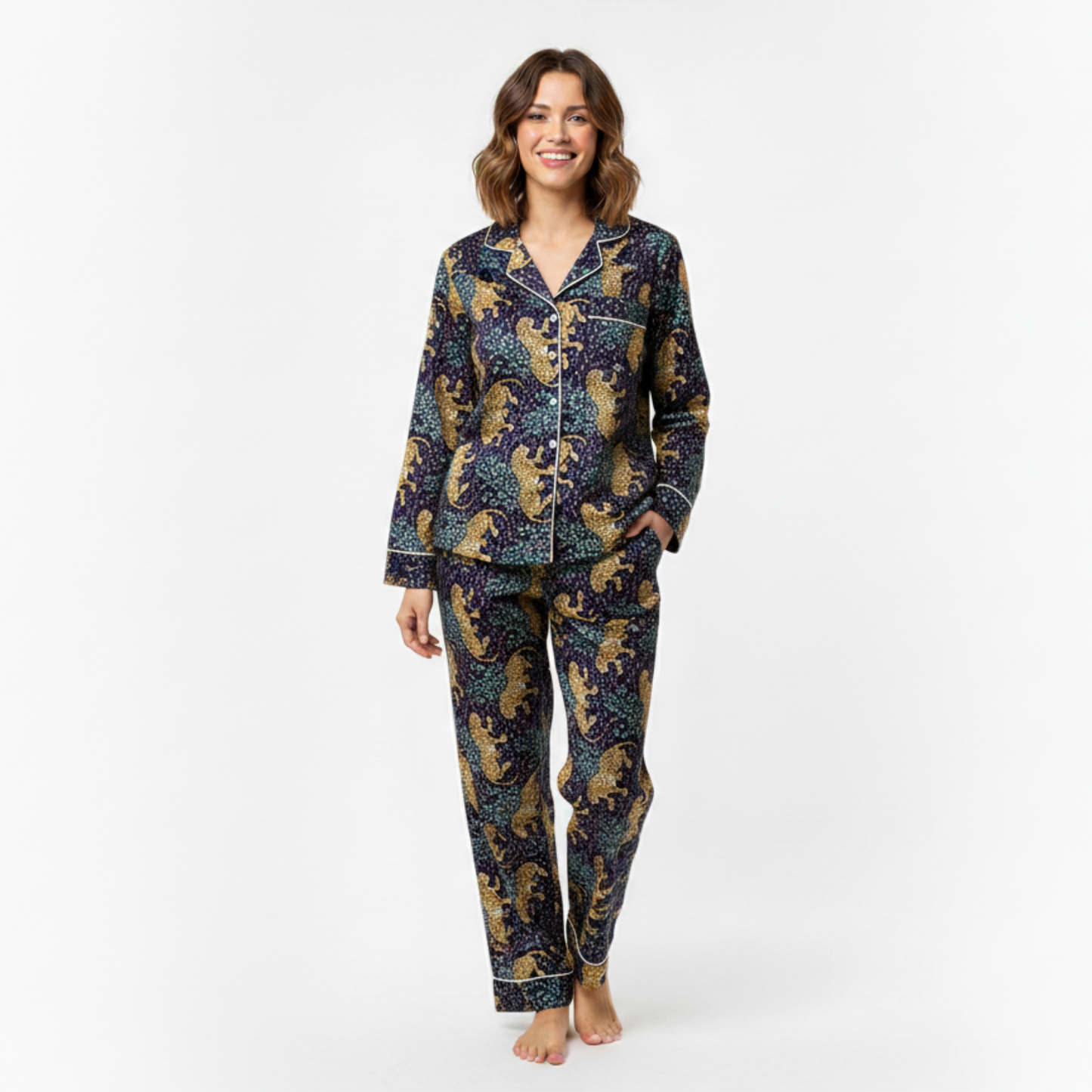 Women’s Navy Blue Leopard Print Cotton Night Suit Set – Elegant Two Piece Pajama Set