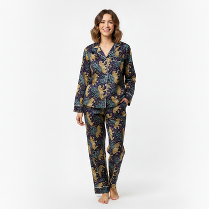 Women’s Navy Blue Leopard Print Cotton Night Suit Set – Elegant Two Piece Pajama Set