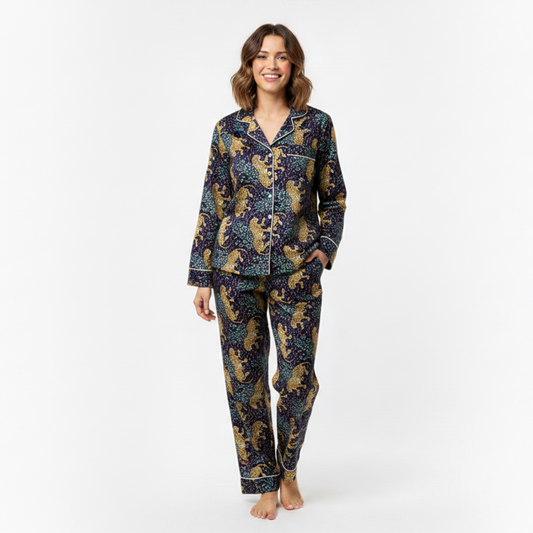 Women’s Navy Blue Leopard Print Cotton Night Suit Set – Elegant Two Piece Pajama Set