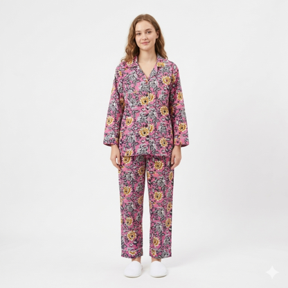 Women’s Pink Mini Floral – Elegant Two Piece Cotton Pajama Set