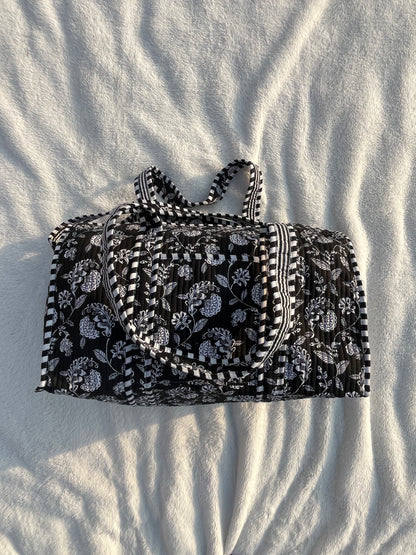 Black Floral Print Quilted Cotton Duffle Bag – Lightweight Travel Weekender