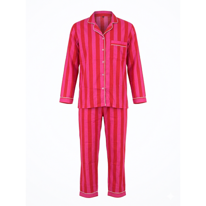 Women’s Pink Red Striped Cotton Night Suit Set – Elegant Two Piece Pajama Set