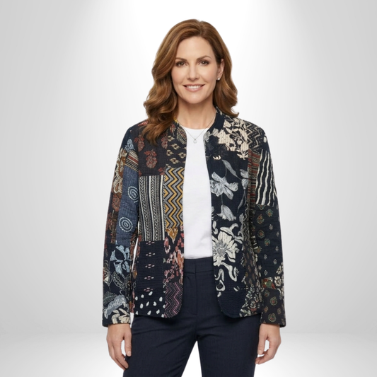 Midnight Mosaic – Long Black Patchwork Cotton Quilted Reversible Jacket