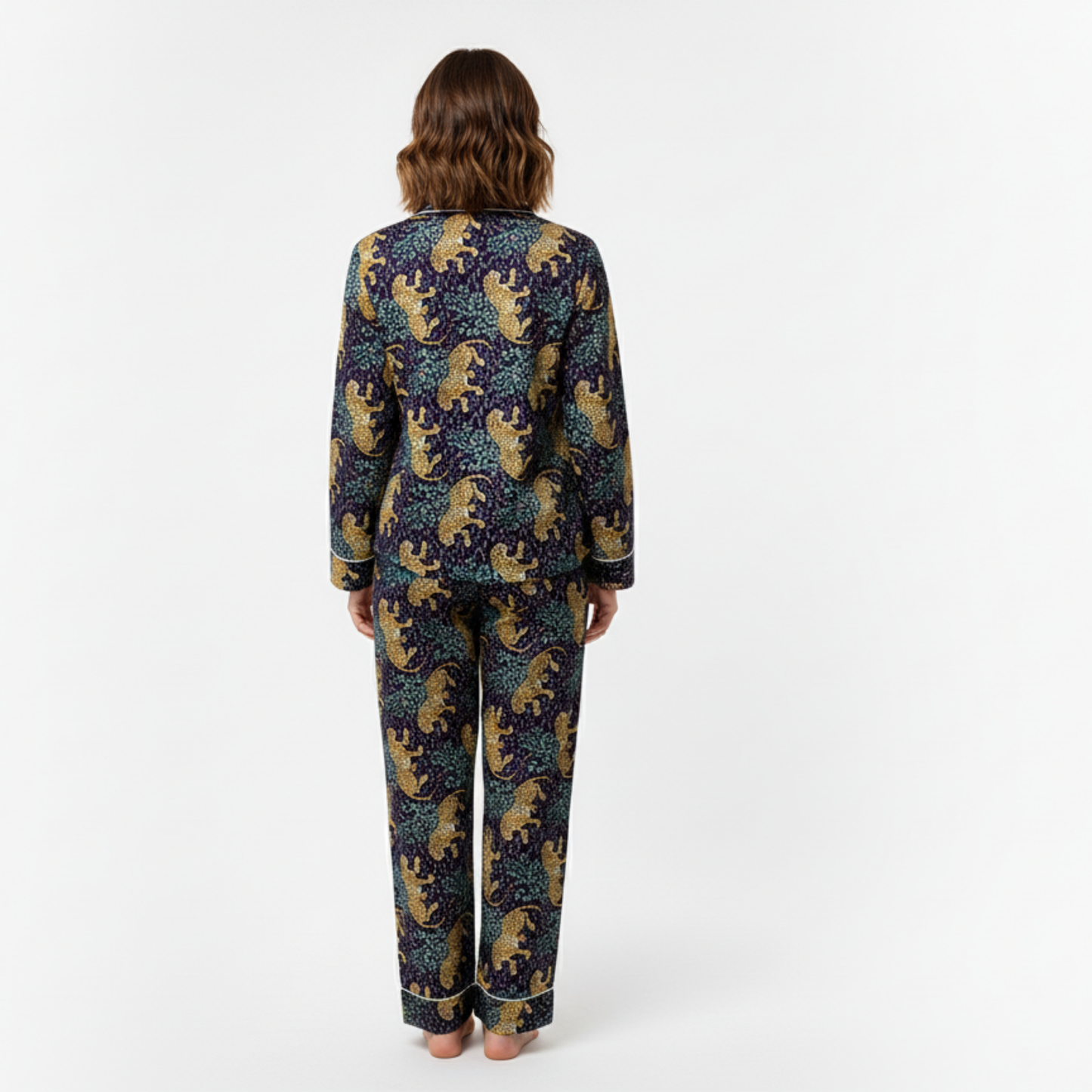 Women’s Navy Blue Leopard Print Cotton Night Suit Set – Elegant Two Piece Pajama Set
