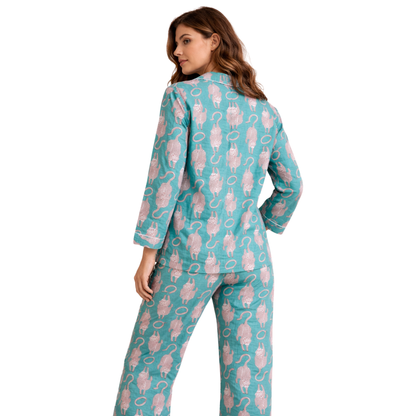 Women's Teal Tiger Tales Cotton Night Suit Set – Elegant Two Piece Pajama Set