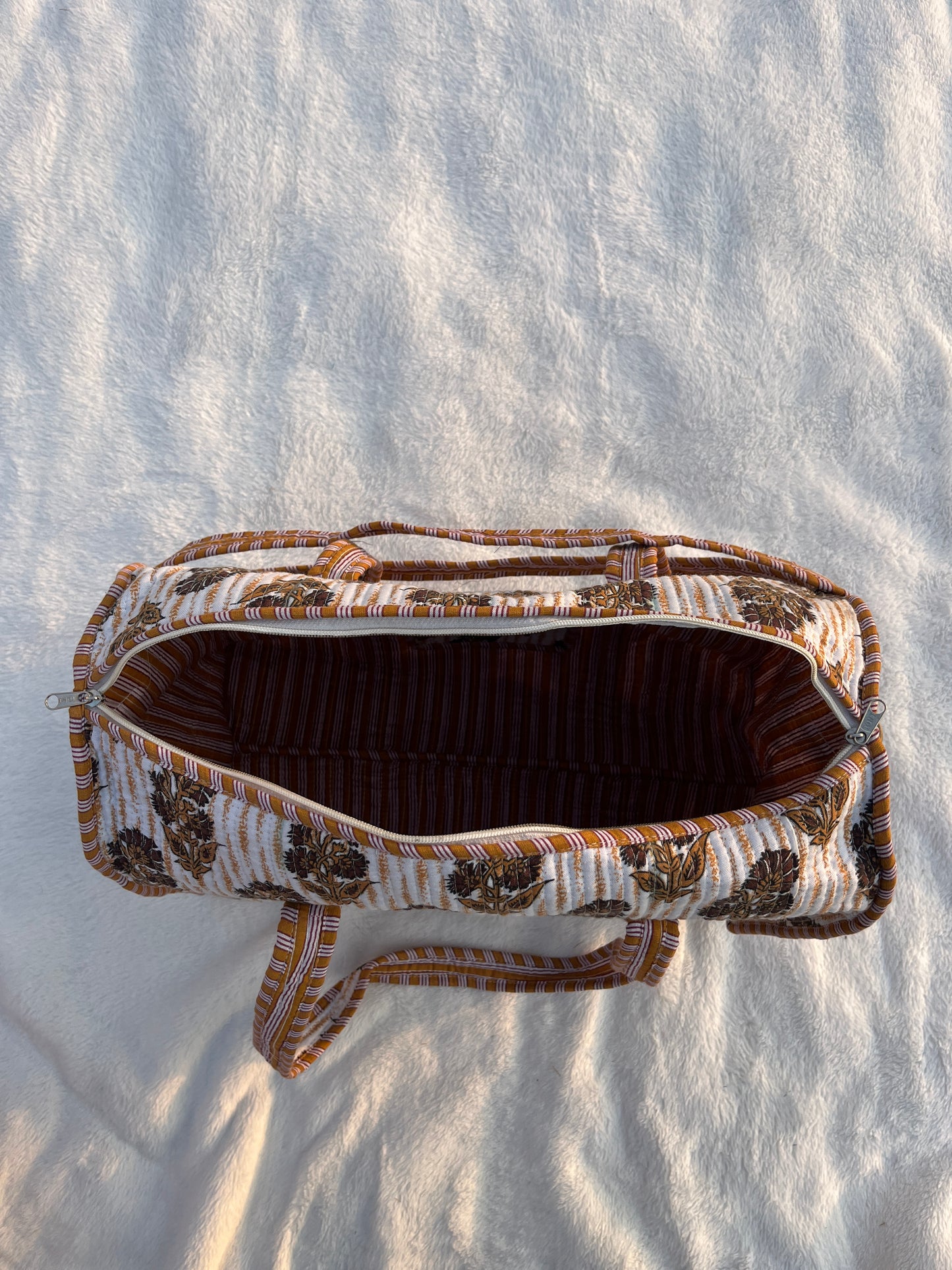 Brown-Orange Floral Print Quilted Cotton Duffle Bag – Lightweight Travel Weekender