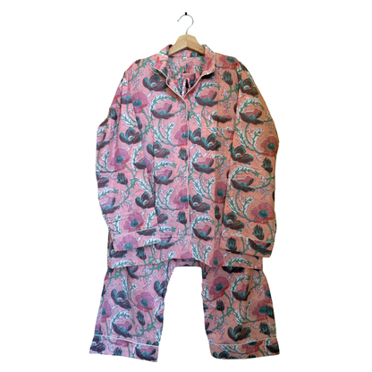 Women's Pink Floral Print Cotton Night Suit Set – Elegant Two Piece Pajama Set