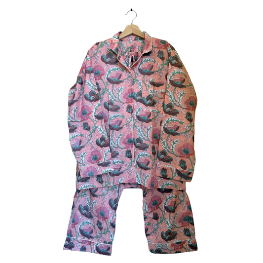 Women's Pink Floral Print Cotton Night Suit Set – Elegant Two Piece Pajama Set