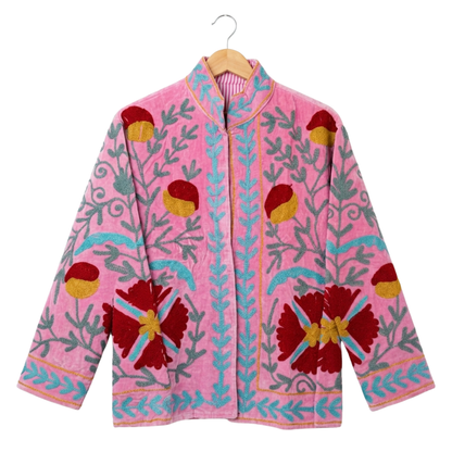 Women's Pink Bloom Suzani Reversible Velvet Jacket – Artistic Embroidered Statement Jacket