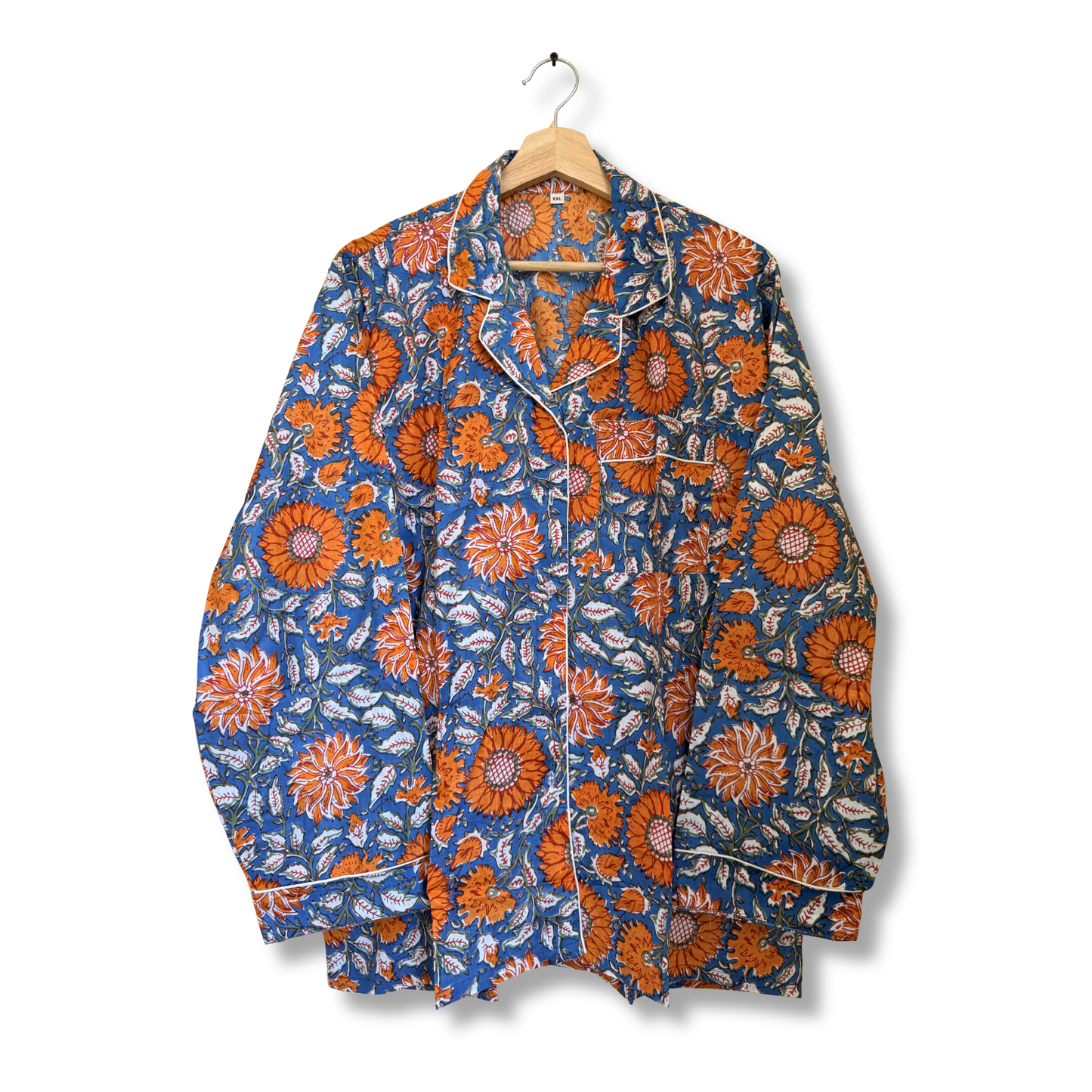 Women's Blue Orange Floral Print Cotton Night Suit Set – Elegant Two Piece Pajama Set