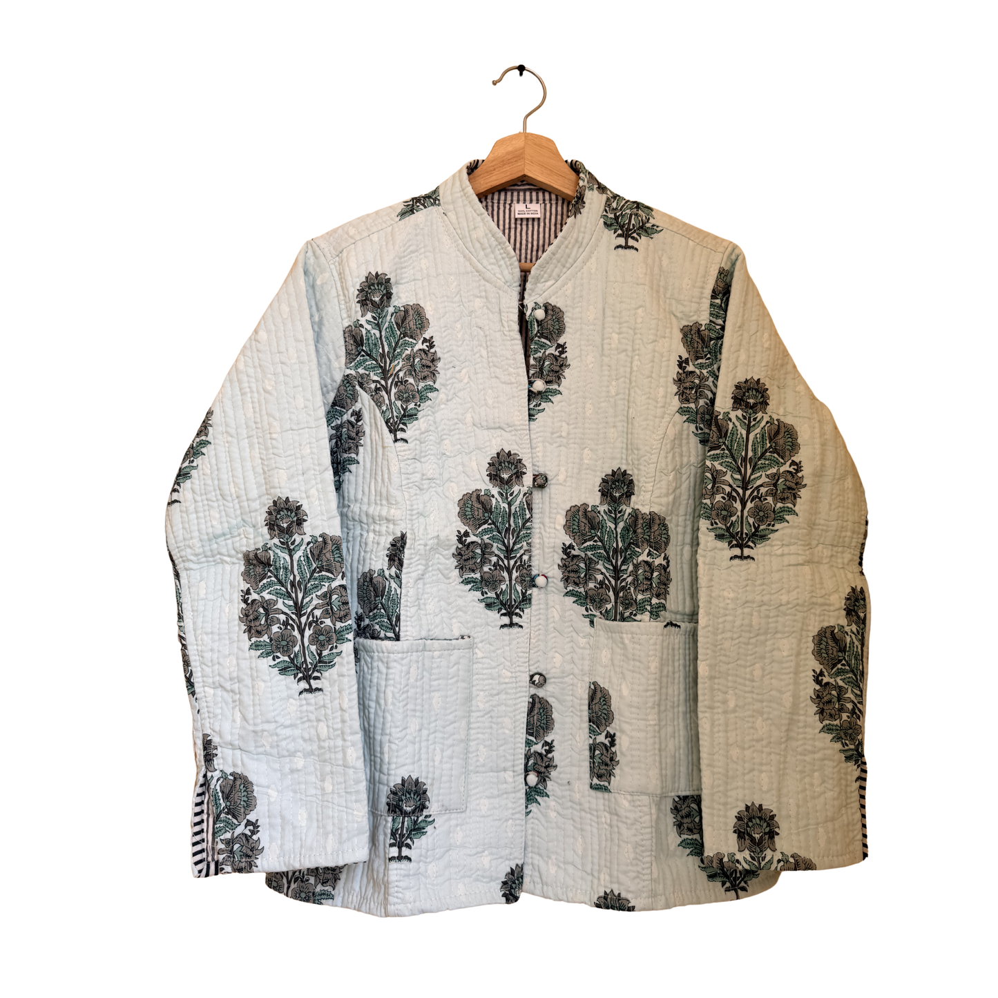 Minty Green Bloom - – Long Cotton Quilted Reversible Jacket