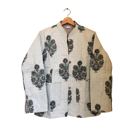 Minty Green Bloom - – Long Cotton Quilted Reversible Jacket