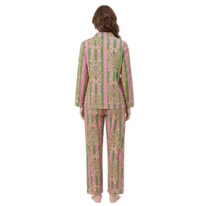 Women's Green Pink Stripes Tibetan Print Cotton Night Suit Set – Cute Two Piece Pajama Set