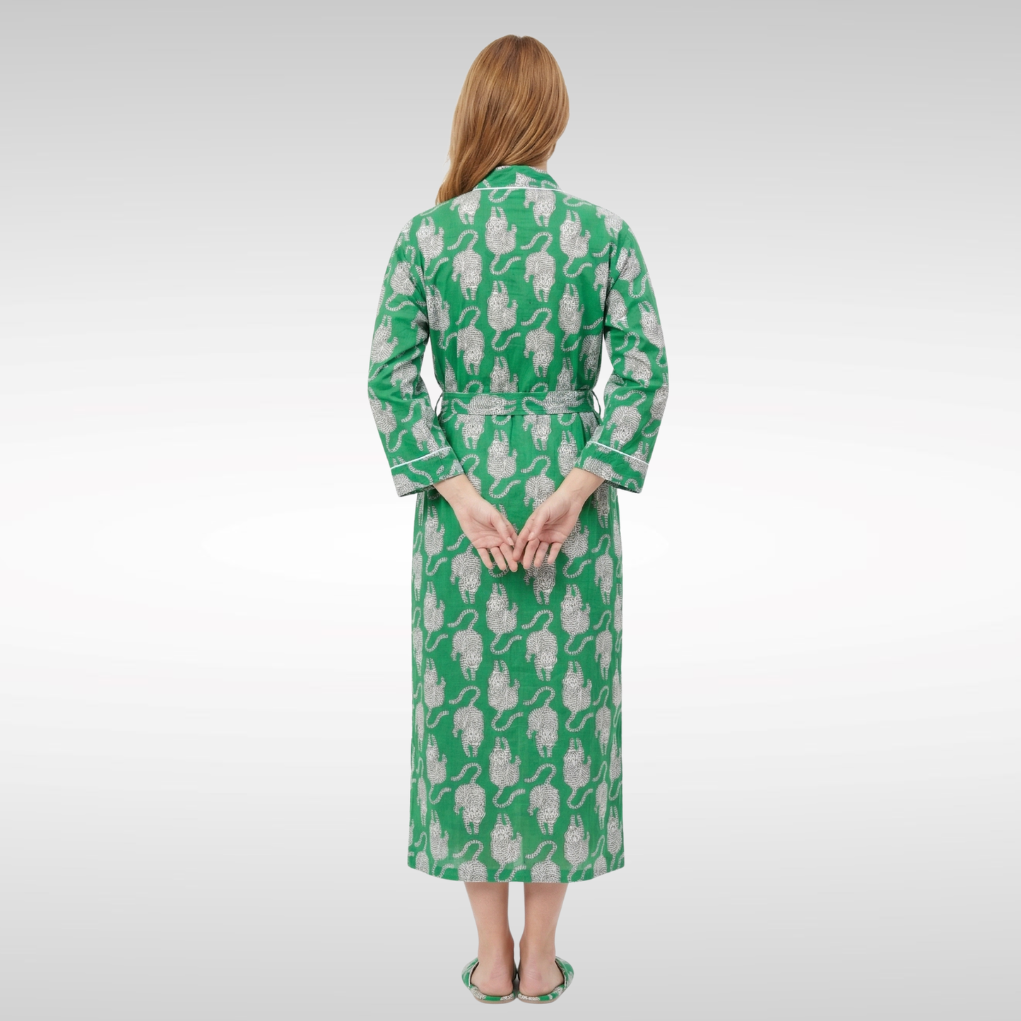 Green Spirit Tiger women's cotton Tibetan kimono. Emerald green lightweight 
cotton robe with illustrated tiger motifs for loungewear.