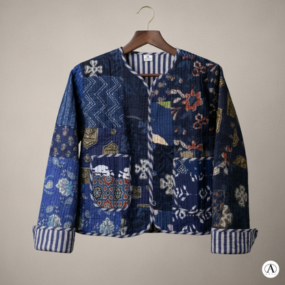 Midnight Blue Indigo – Patchwork Quilted Cotton Reversible Jacket