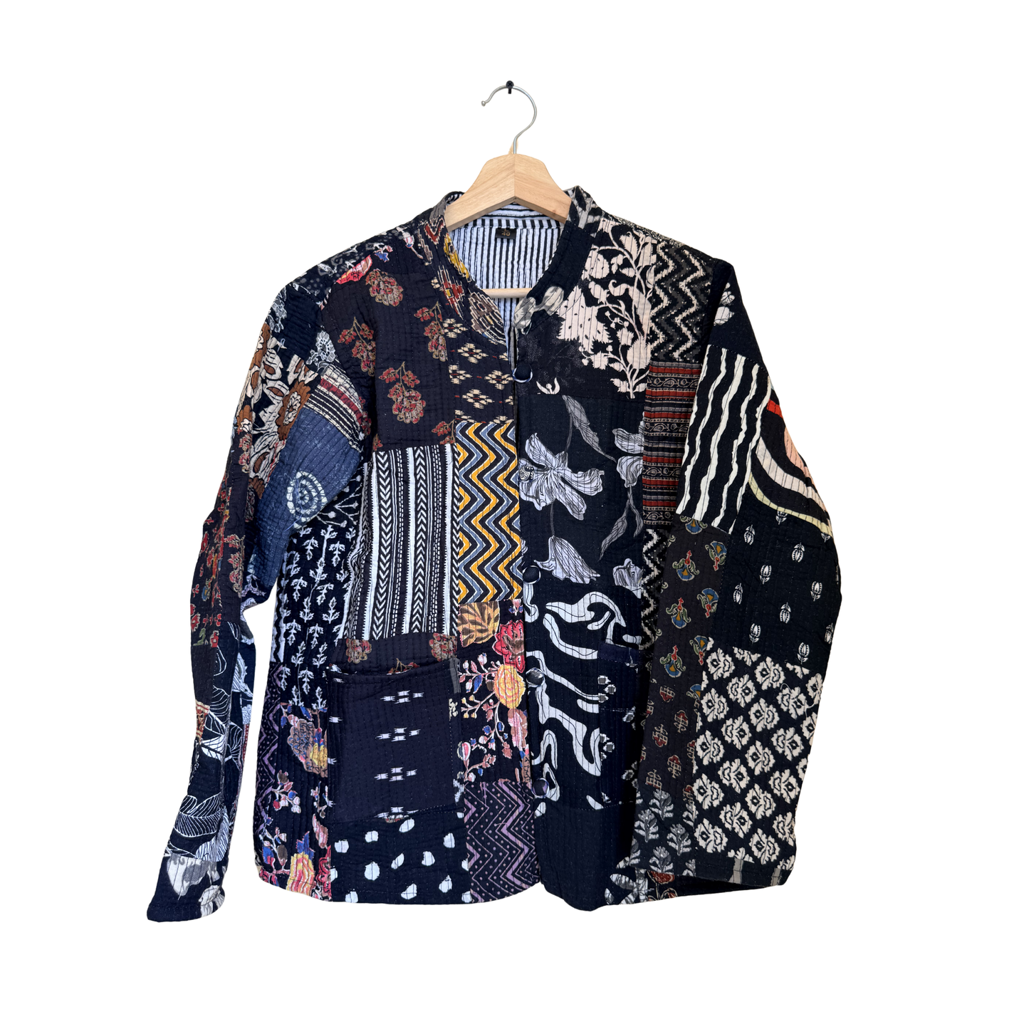 Midnight Mosaic – Long Black Patchwork Cotton Quilted Reversible Jacket