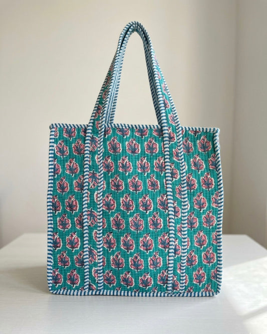 Mint Blue Floral-1 Quilted Mini Tote Bag 14X14