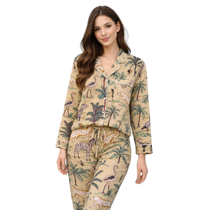 Women's Beige Safari – Elegant Two Piece Cotton Pajama Set