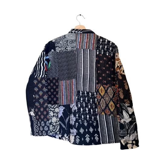 Midnight Mosaic – Long Black Patchwork Cotton Quilted Reversible Jacket