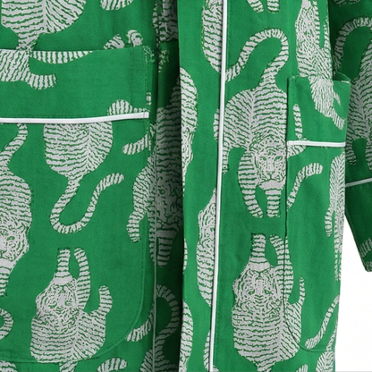 Green Spirit Tiger women's cotton Tibetan kimono. Emerald green lightweight 
cotton robe with illustrated tiger motifs for loungewear.