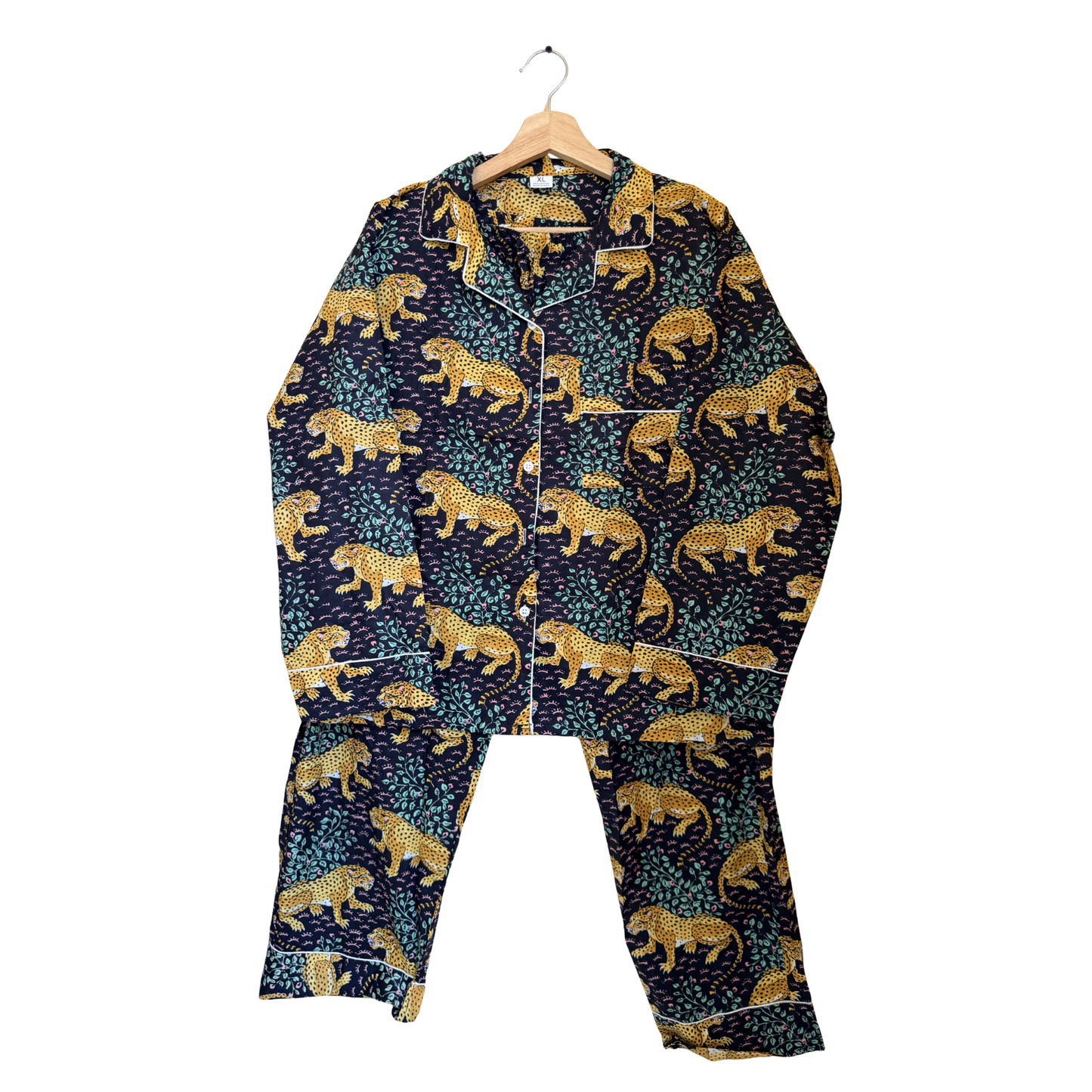 Women’s Navy Blue Leopard Print Cotton Night Suit Set – Elegant Two Piece Pajama Set