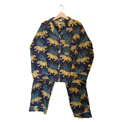 Women’s Navy Blue Leopard Print Cotton Night Suit Set – Elegant Two Piece Pajama Set