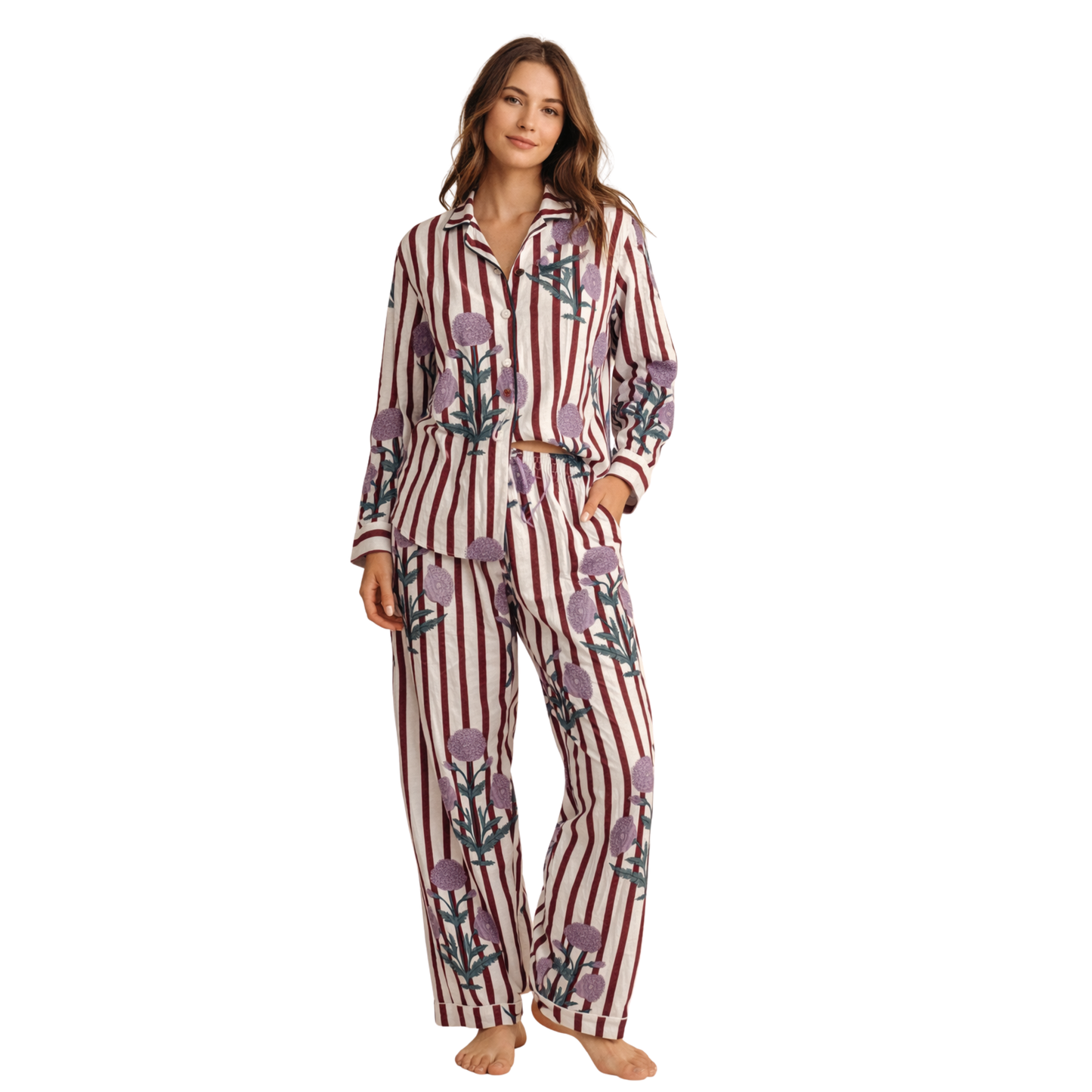 Women's Berry Bloom Stripes Cotton Night Suit Set – Elegant Two Piece Pajama Set