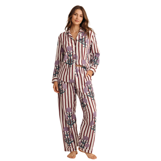 Women's Berry Bloom Stripes Cotton Night Suit Set – Elegant Two Piece Pajama Set